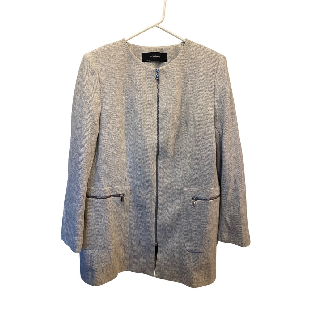 ZARA BASIC Herringbone Gray Tweed Collarless Zip Front‎ Jacket Womens XXL EUC